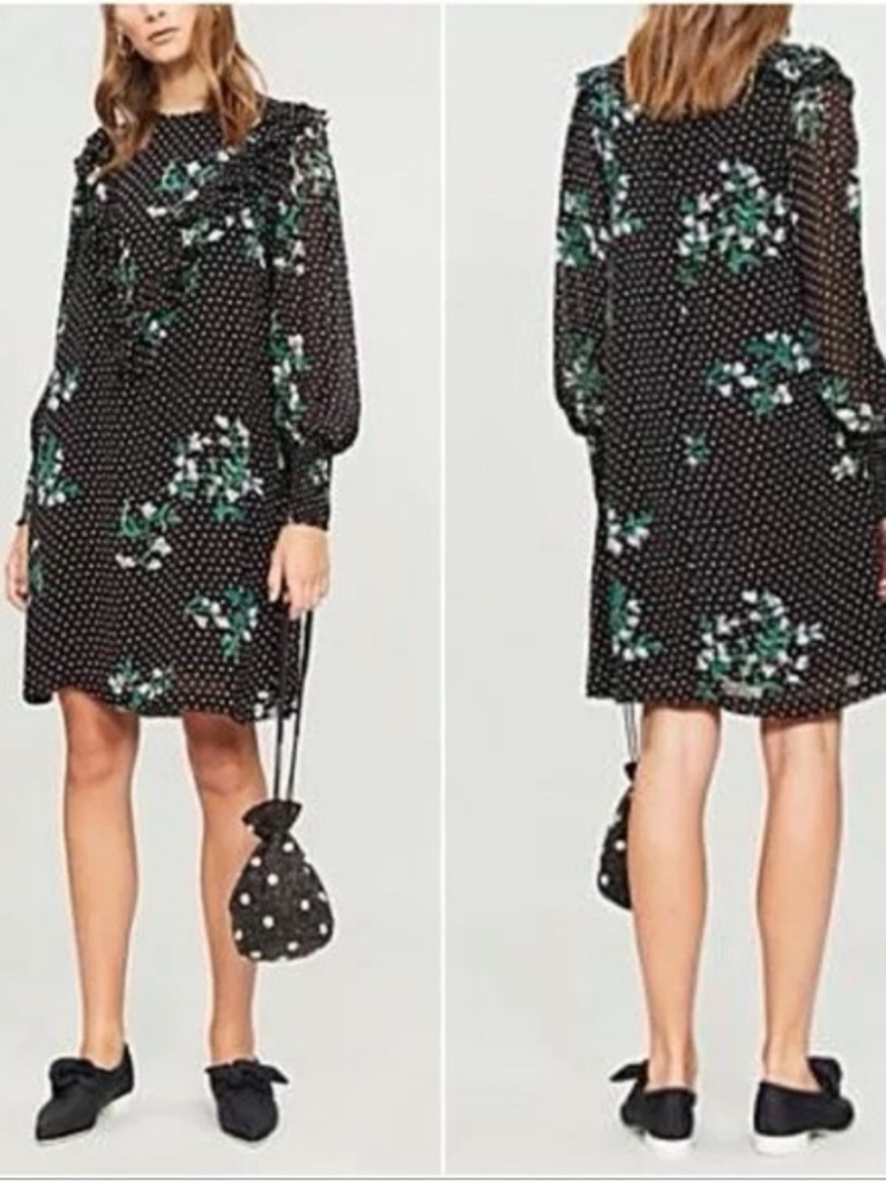 GANNI Rometty Georgette Floral Polka Dot Ruffle Mini Dress Black Cottage EU 34